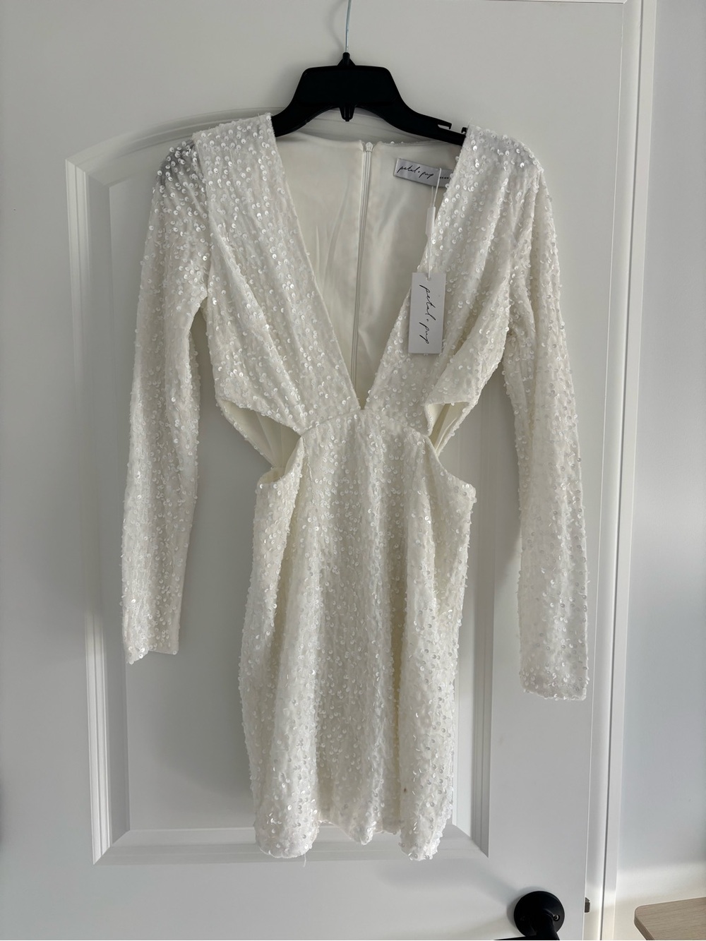 NWT Petal and pup White Sequin Deep V Long Sleeve Cutout Dress
